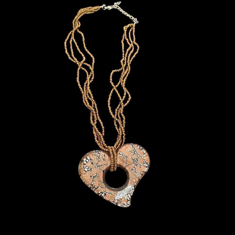Pendant Necklace Heart Art Glass Seed Bead Copper Silver Black 17”